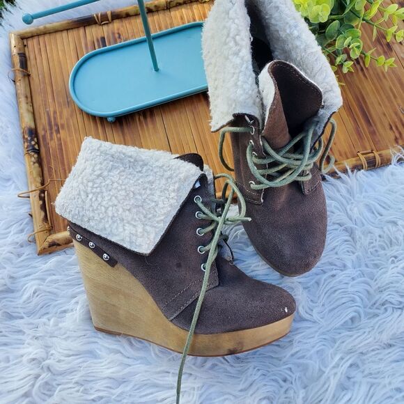 Naughty Monkey Taupe Suede Round Toe  Leather Fleece Foldover Wedge Heel Boots - Picture 4 of 12